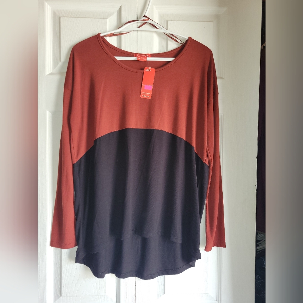 Stylish Women's Color Block Longsleeve Top in Copper and Black Longer In Back